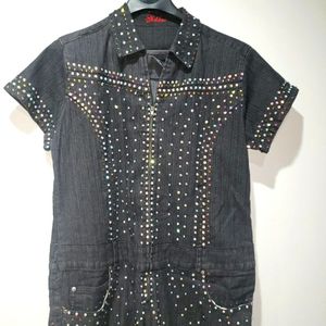 🎅🏾🎄WOMEN'S SIZE 20 BLACK/BLUE HAND BEDAZZLED JEAN JUMPSUIT